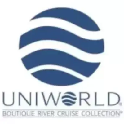 Uniworld River Cruises logo with elegant serif font and decorative emblem in blue