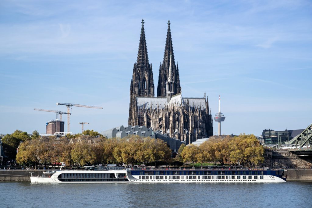 AmaWaterways river cruise on the Rhine River in Cologne, Germany, featuring luxury river cruises Europe, river cruise vacation, and 2025 AmaWaterways itineraries.