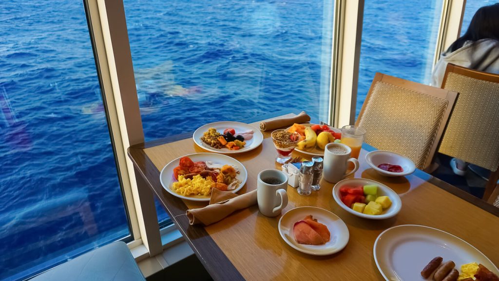 Gourmet breakfast with ocean view aboard a luxury cruise ship