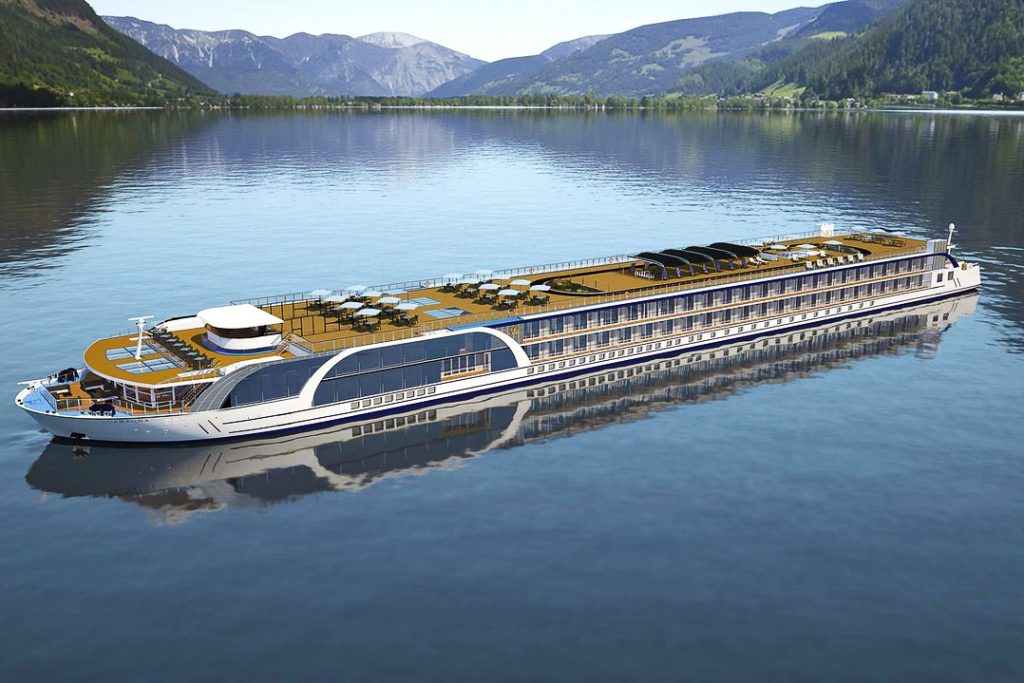 AmaMagna river cruise ship by AmaWaterways sailing on the Danube River with elegant modern design